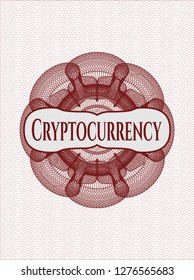 Red passport style rosette with text Cryptocurrency inside