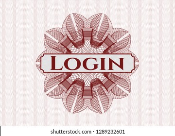 Red passport style rosette with text Login inside