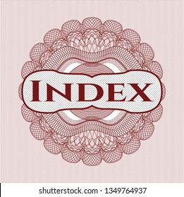 Red passport style rosette with text Index inside