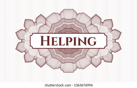 Red passport style rosette with text Helping inside