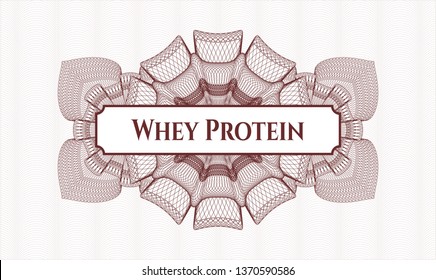 Red passport style rosette with text Whey Protein inside