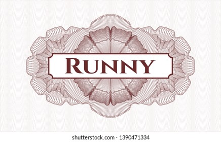 Red passport style rosette with text Runny inside