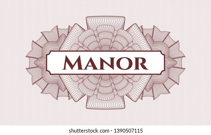 Red passport style rosette with text Manor inside