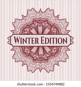 Red passport style rosette with text Winter Edition inside