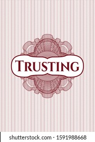 Red passport style rosette with text Trusting inside
