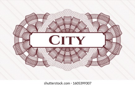 Red passport style rosette with text City inside