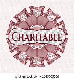 Red passport style rosette with text Charitable inside