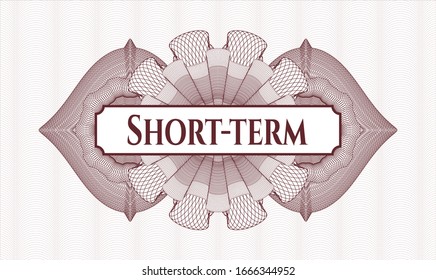 Red passport style rosette with text Short-term inside