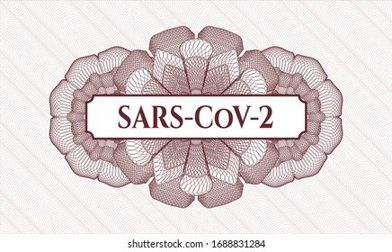 Red passport style rosette with text SARS-CoV-2 inside