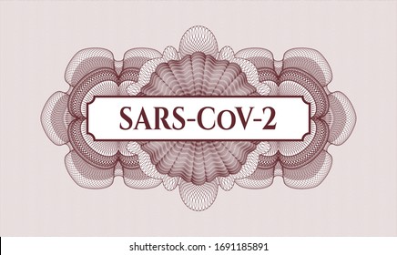 Red passport style rosette with text SARS-CoV-2 inside