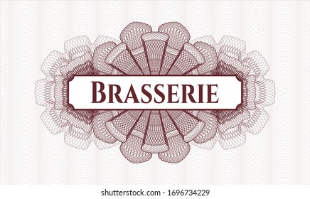Red passport style rosette with text Brasserie inside