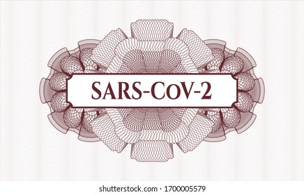 Rosette estilo pasaporte rojo con texto SARS-CoV-2 dentro