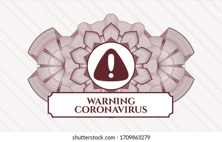 Rosette estilo pasaporte rojo. Ilustración vectorial. Detallado con el icono de advertencia y el texto Coronavirus de advertencia