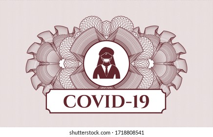 Red passport style rosette. Vector Illustration. Detailed with woman wearing face mask icon and COVID-19 text inside