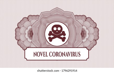 Red passport style rosette. Vector Illustration. Detailed with crossbones icon and Novel Coronavirus text inside