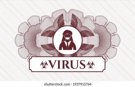 Red passport style rosette. Vector Illustration. Detailed with woman wearing face mask icon and Virus text inside
