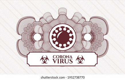 Rosette estilo pasaporte rojo. Ilustración vectorial. Detallado con el icono de coronavirus y el texto de Coronavirus dentro