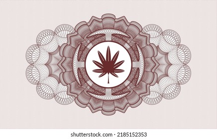 Red passport style rosette. Vector Illustration. Detailed with marijuana leaf, weed icon inside