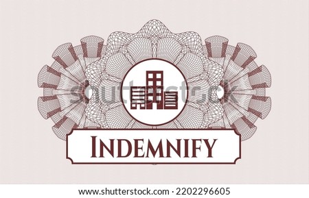 Red passport style rosette. Vector Illustration. Detailed with buildings icon and Indemnify text inside