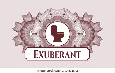 Red passport style rosette with WC toilet icon and Exuberant text inside