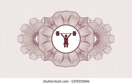 Red passport style rosette with weightlifter girl icon inside