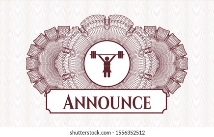 Red passport style rosette with weightlifter girl icon and Announce text inside