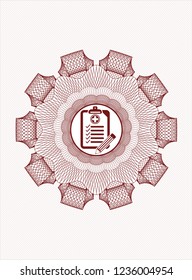Red passport style rossete with clinic history icon inside