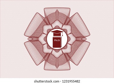 Red passport style rossete with Phd thesis icon inside