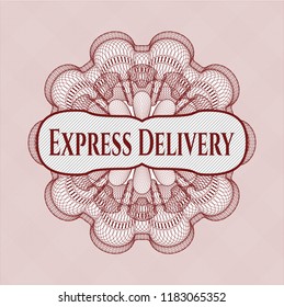 Red passport style rossete with text Express Delivery inside