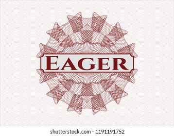 Red passport style rossete with text Eager inside