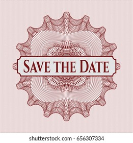 Red passport style rossete with text Save the Date inside