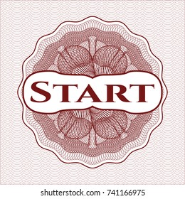 Red passport style rossete with text Start inside