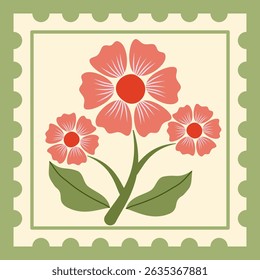 red pastel flowers with cream and green square elements for decoration on transparent background