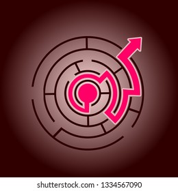 Red path across circular labyrinth. Right way concept