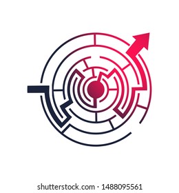 Red path across circular labyrinth. Right way concept