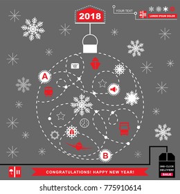 Red pathway in the shape of christmas ball on grey background. White Red grey christmas logistics icons on the grey background. Technology background. 