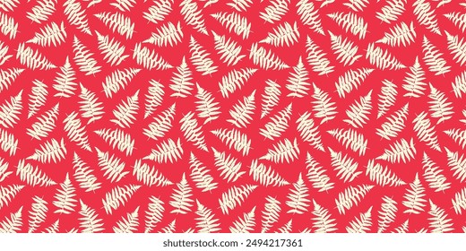 Red pattern with abstract artistic tiny leaves fern. Vector hand drawing. Shapes stylized plants seamless print. Simple ornament for designs, textile, fabric, cover