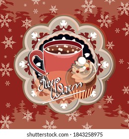 Red pattern card with inscription 'Keep warm' and cup with muffin