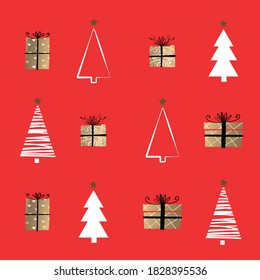 Red Pattern Christmes Trees with stars seamless background