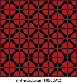 Red pattern from circles and crosses on black seamless background.