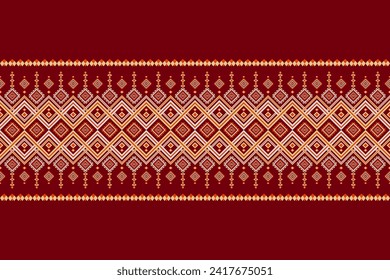 red pattern with flowers, Ethic, Geometric, Boho, Seamless pattern design for background, carpet, wallpaper, clothing, batik, fabric, Vector illustration style.
