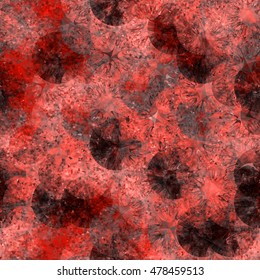 Red pattern of grunge discs, triangles and spots. Abstract seamless vector background for fabric, printing, home design. Watercolor effect