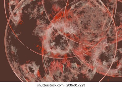Red pattern with large circles and crooked waves. Abstract vector image.