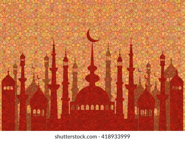 Red pattern with mosques on stained glass kaleidoscope backdrop for wishes with beginning of fasting month of Ramadan, as well with Islamic holiday Eid al-Fitr and Eid al-Adha. Vector illustration