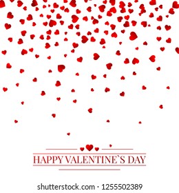 Red pattern of random falling hearts confetti. Border design element for festive banner, greeting card, postcard, wedding invitation, Valentines day and save the date card. Vector illustration.