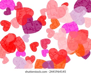 Red pattern of random falling hearts confetti. Vector illustration isolated on white background