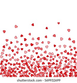 Red pattern of random falling hearts confetti. Border design element for festive banner, greeting card, postcard, wedding invitation, Valentines day and save the date card. Vector illustration.