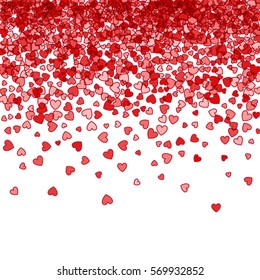 Red pattern of random falling hearts confetti. Border design element for festive banner, greeting card, postcard, wedding invitation, Valentines day and save the date card. Vector illustration.