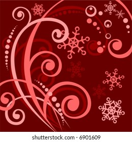 Red pattern with snowflakes and curls on a dark red background.