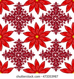 Red pattern texture on white background, repeating crochet lace ornament, seamless vector pattern